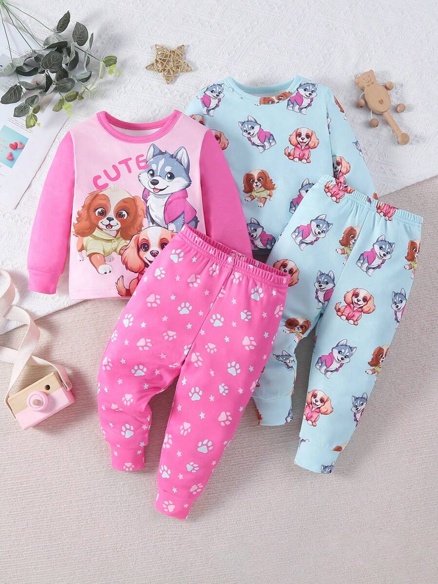 2入組女寶寶可愛小狗印花長袖褲套裝，適用於家居穿著 - 彩色 - 查看 1