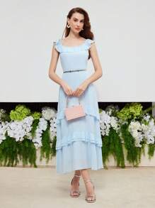 MOTF PREMIUM SILK SOLID LAYERED RUFFLE HEM DRESS - Baby Blue - View 6