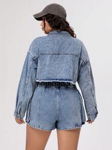 SHEIN ICON 大尺碼牛仔短外套,原始邊緣設計 - 淺色水洗藍 - 查看 2