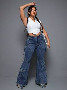 SHEIN ICON 工人風格帶口袋喇叭牛仔褲,大尺碼 - 藍色 - 查看 5