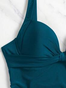 SHEIN Swim Traje De Baño De Una Pieza Fruncido De Un Solo Color, Perfecto Para El Verano, La Playa Y Nadar - Agua verde azul - Ver 4