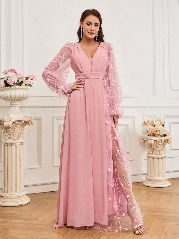 Patchwork Sheer Mesh High Waist Slit Bridal Evening Party Dress