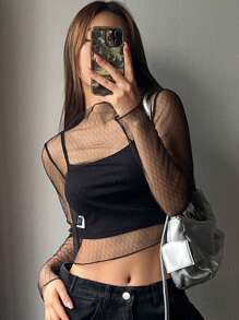 DAZY 女式网眼长袖透明上衣外出上衣节日夏季返校服装 - 黑色 - 查看 3