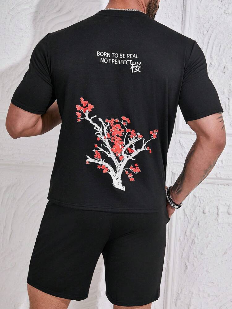 Men's Plus Size Cherry Blossom & Letter Print Short Sleeve T-Shirt And Shorts