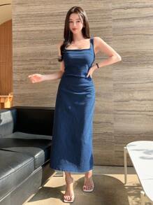 DAZY Women's Side Ruched Denim Cami Dress - Blue - View 4