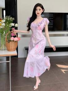 DAZY Women's Full Bloom Printed V-Neck Ruffled Chiffon Dress Sundress - Pink - View 4