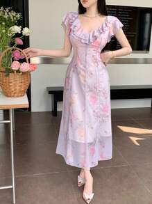 DAZY Women's Full Bloom Printed V-Neck Ruffled Chiffon Dress Sundress - Pink - View 9