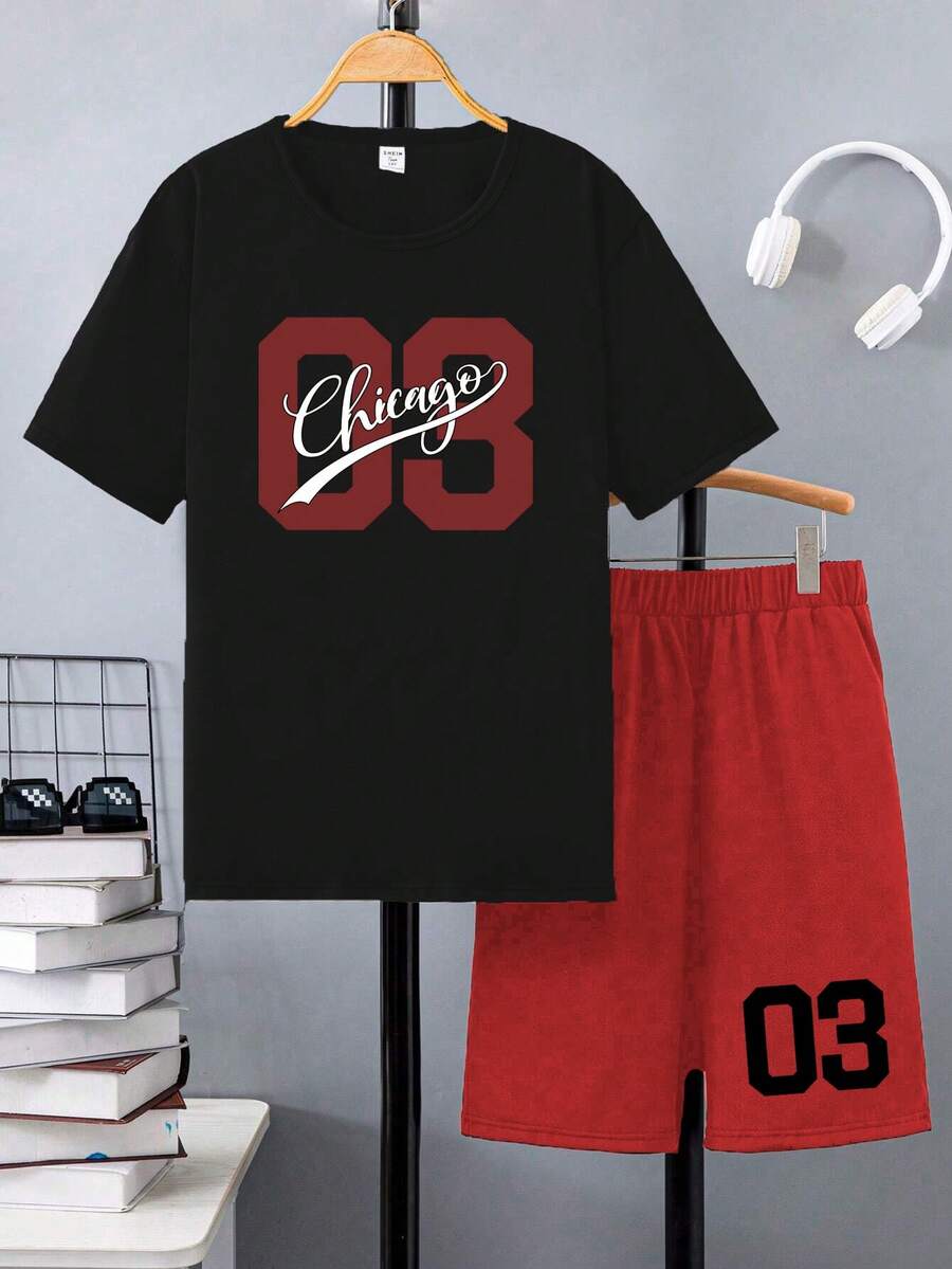 Teen Boy Letter & Number Printed Short Sleeve T-Shirt And Shorts - Black - View 1
