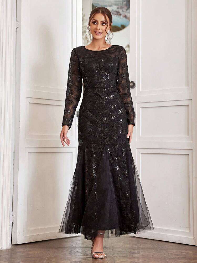 Elegant Glitter Mesh Mermaid Hem Heavy Work Evening Dress With Net Bottom