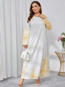 Mulvari Kích thước lớn Lỏng lẻo phù hợp Giải trí In Vòng cổ Đầm - trắng - Xem 1