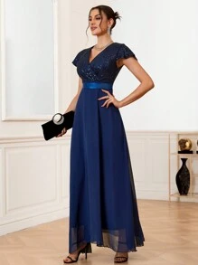 SHEIN Belle Elegant And Gorgeous Sequined Patchwork Dress - Grey - View 6