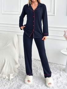 RueChic Conjunto De Pijama De Ropa De Hogar Para Mujeres Con Detalles De Ligadura