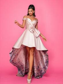 High Low Elegant Bowknot Shoulder Off Formal Evening Dress Prom Wedding Guest Gown, For Graduation, Dinner - Dusty Pink - View 4