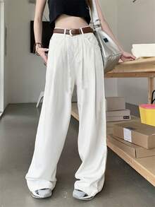 Solid Color Slanted Pocket Casual Wide Leg Jeans - White - View 5