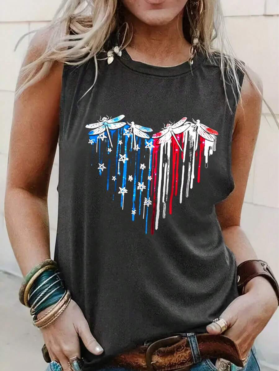 INAWLY Của phụ nữ con chuồn chuồn Mẫu In Vòng cổ Áo ba lỗ - Màu xám đen - Xem 1