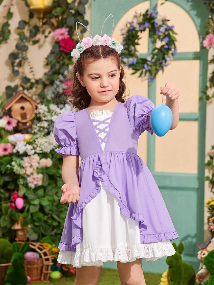 Young Girl's Square Neck Puff Sleeve Color-Block Dress With Bow Knot Detail And Double-Layered Dress