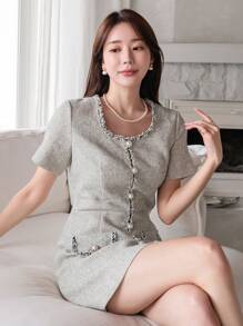 DAZY Round Neck Color Block Short Sleeve Dress Sundress - Beige - View 1