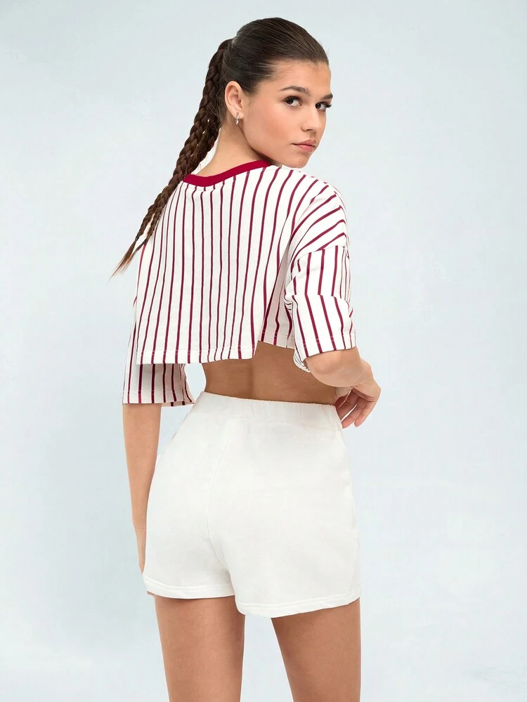 Women's Color Block Striped Drop Shoulder Cropped Top And Solid Color Shorts Set
