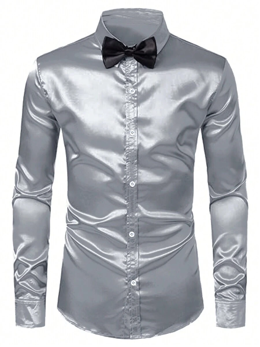 Men's Fashion Satin Party Shirt, Spring/Autumn - Silver - View 1
