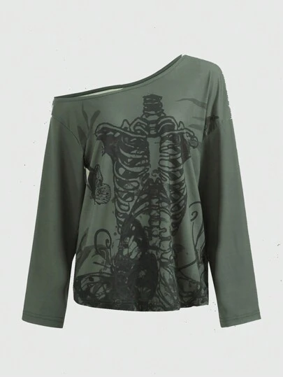 ROMWE Fairycore Skeleton Print Asymmetrical Neck Tee