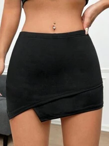 SHEIN Muchic Women's Solid Color Asymmetrical Hem Mini Skirt - Black - View 5