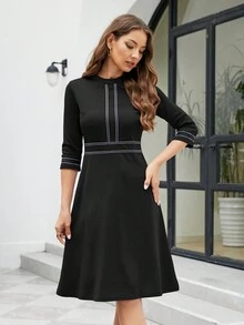 HOMEYEE 3/4 袖圆领复古休闲职业度假 A 字连衣裙 - 黑色 - 查看 4