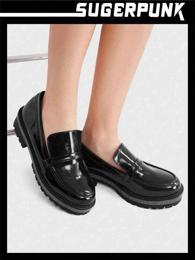 Women's Black Round Toe Chunky Heel Work Shoes With Rhinestone Detail, Casual Unisex Loafers