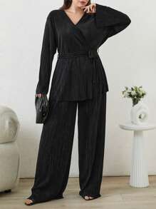 EURMUSE Solid Cross Belted Top & Wide Leg Pants - Black - View 1