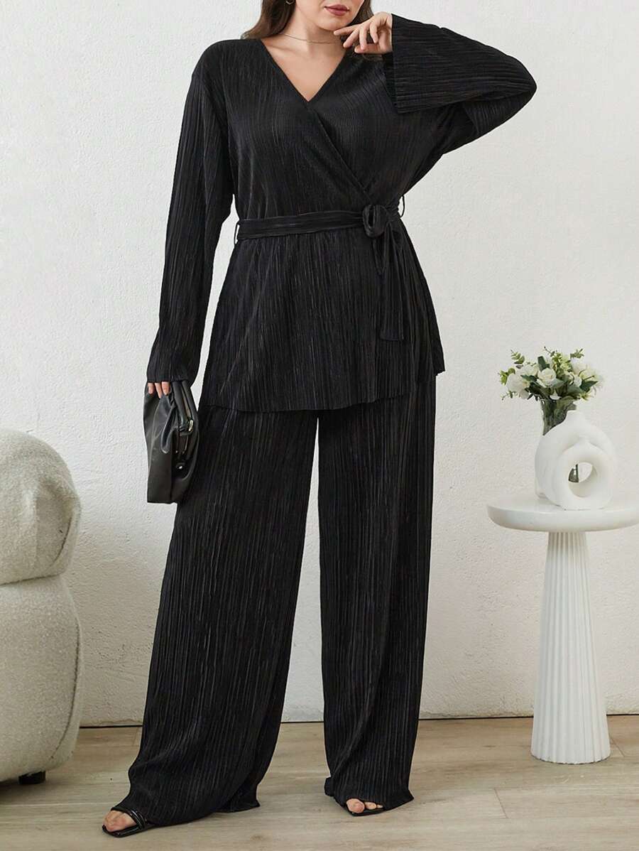 EURMUSE Solid Cross Belted Top & Wide Leg Pants - Black - View 1