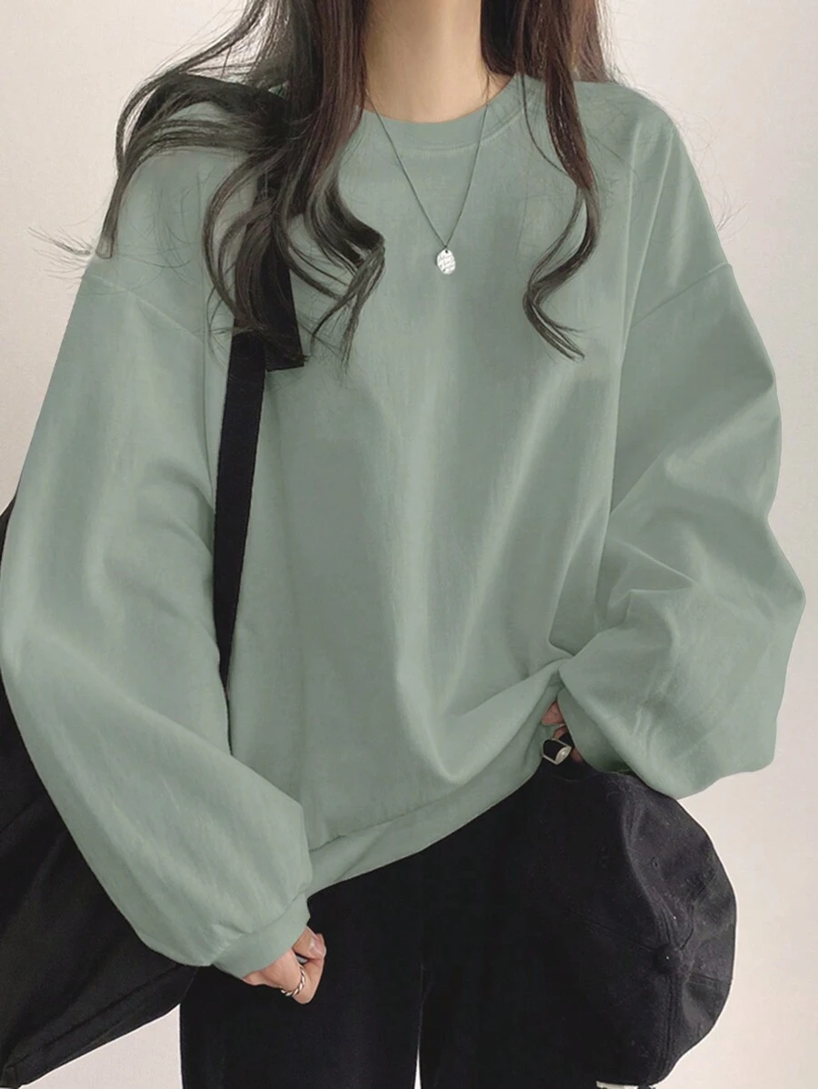 DAZY Solid Color Round Neck Loose Fit Casual Sweatshirt With Drop Shoulder,Fall Clothes