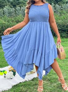 Flirla Plus Size Asymmetrical Ruffle Hem Vacation Beach  Dress - Blue - View 1