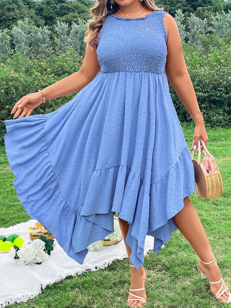 Plus Size Asymmetrical Ruffle Hem Vacation Beach  Dress