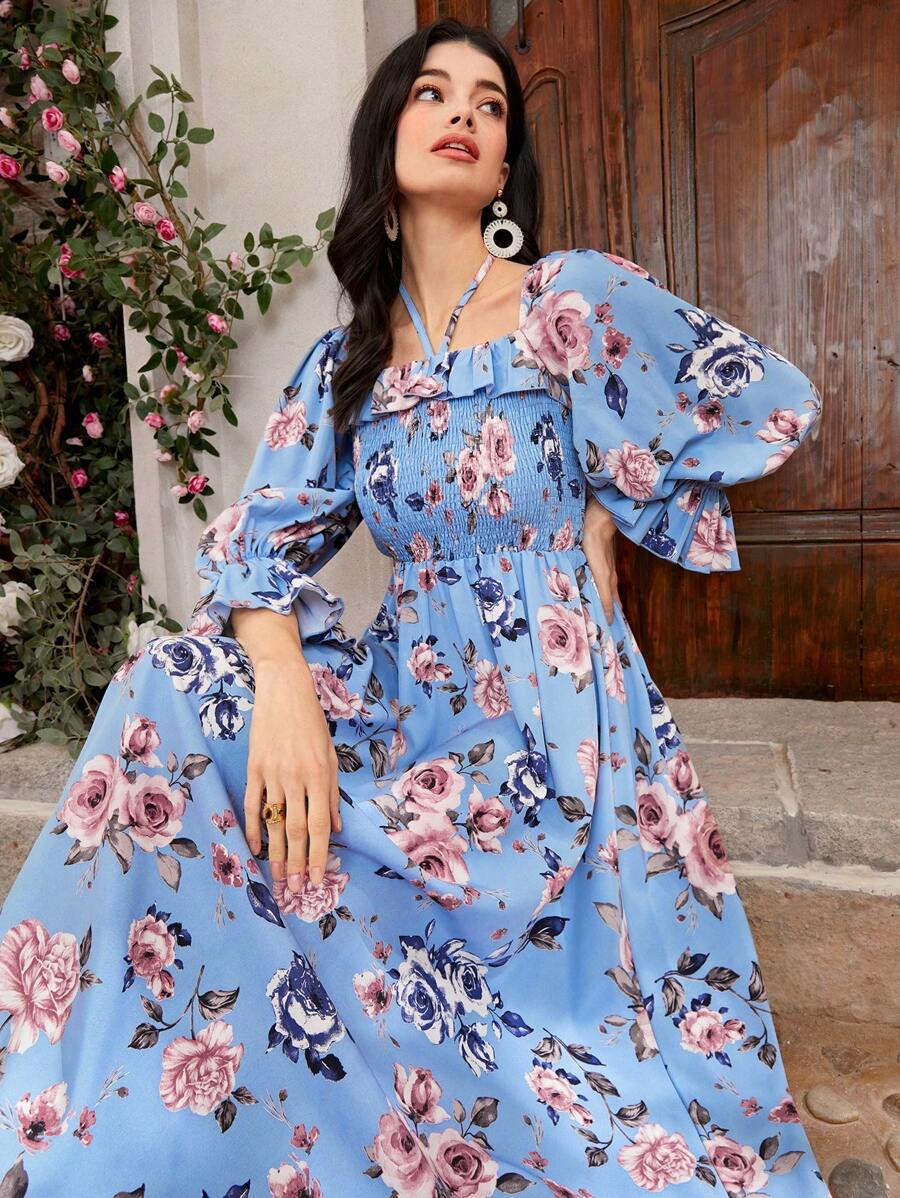 Seusyu Women's Floral Print Ruffle Sleeve Dress - Blue - View 1