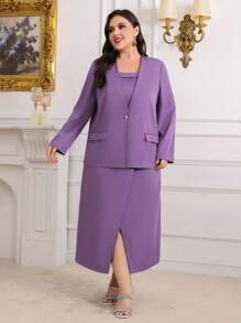 Modelyn Plus Size Solid Color Single Button Blazer And Slit Hem Dress Set - Purple - View 9