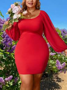 SHEIN Clasi Plus Size Solid Color Backless Pleated Self-Tie Lantern Sleeve Bodycon Dress - Red - View 2