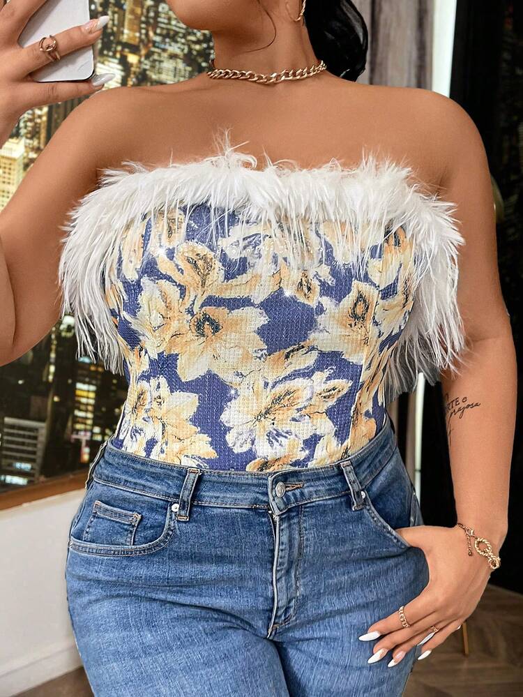 Plus Size Floral Print Splice Strapless Top