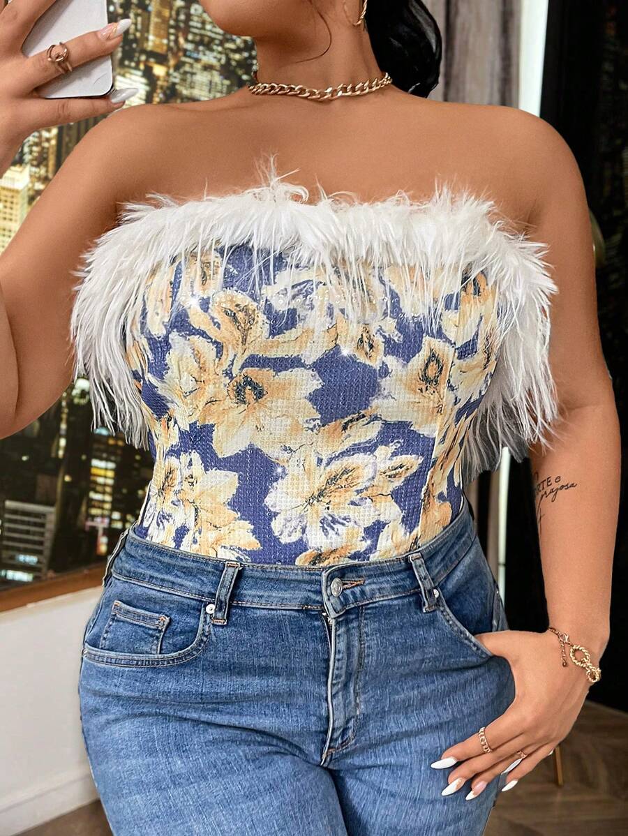 SHEIN Unity Plus Size Floral Print Splice Strapless Top - Multicolor - View 1