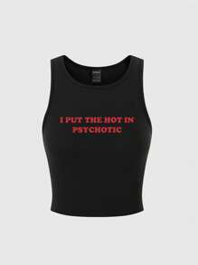 SHEIN Unity Women's Slogan Print Round Neck Sleeveless Top I PUT THE HOT IN PSYCHOTIC - Black - View 1