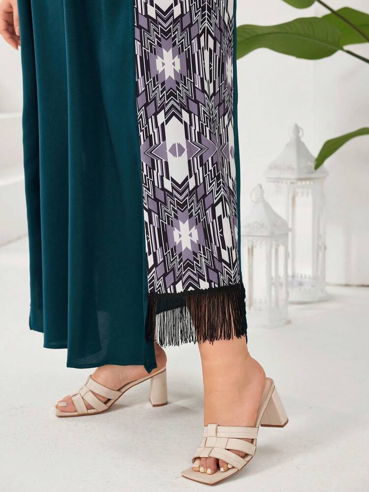 Plus Size Loose Fit Dress With Tassel Hem And Geometric Print Patchwork