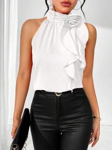 RosyDaze Solid Color Stand Collar Necklace Embellished Shirt,Sleeveless Tops - White - View 4