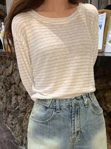 DAZY Của phụ nữ Lỏng lẻo phù hợp Thả vai Sọc Áo thun Với Khối màu Thiết kế - Màu Khaki - Xem 5