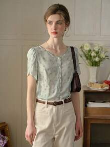 Simple Retro Women's Small Floral Print Button-Down Petal Sleeve Shirt Summer Tops Elegant French Tops - Green - View 4