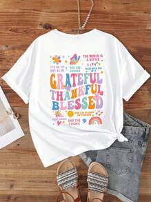 时尚休闲卡通及口号印花落肩短袖 T 恤 GRATEFUL THANKFUL 图案 T 恤女式上衣 - 白色 - 查看 3