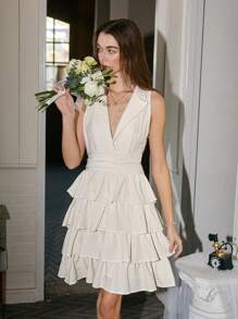 GENKIRA 蓮葉領無袖洋裝,褶邊下擺 - 米色 - 查看 4