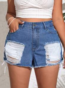 SHEIN SXY Plus Size Frayed Hem Denim Shorts With Distressed Details And Side Crisscross Tie Bands - Blue - View 3
