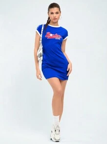 Forever 21 字母印花圓肩袖修身連衣裙 - 藍色 - 查看 4