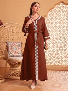 Al Najma Contrast Lace Patchwork Flare Sleeve Dress - Burnt Orange - View 3