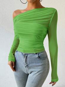 Chiquease Solid Color Asymmetrical Neckline Slim Fit Pleated T-Shirt - Green - View 3