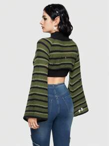 ROMWE Fairycore Striped Pattern Turtleneck Bell Sleeve Sweater - Army Green - View 6