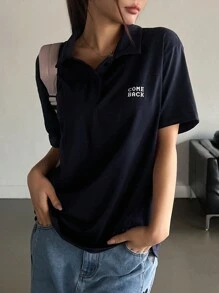 DAZY 翻领半襟宽松短袖女式字母印花T恤，秋季服装学院风上衣
